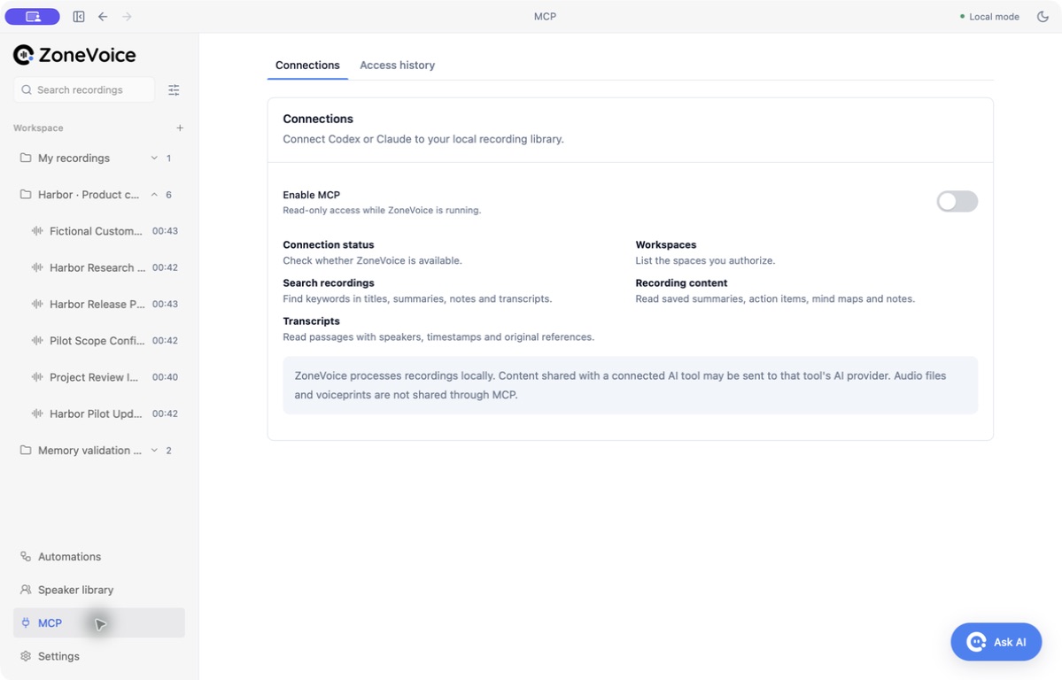 ZoneVoice desktop MCP settings showing the local server switch and available read-only tools